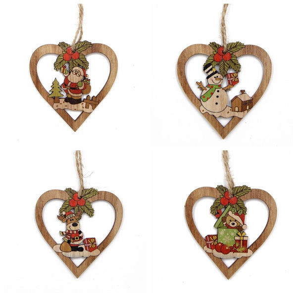 4PCS Printed Christmas Heart Wooden Pendants