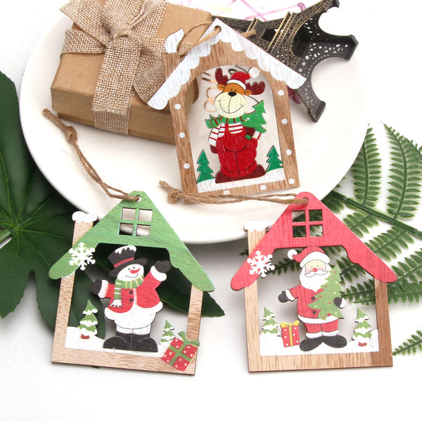 3PCS/Lot Creative Printed House Santa Christmas Wooden Pendants