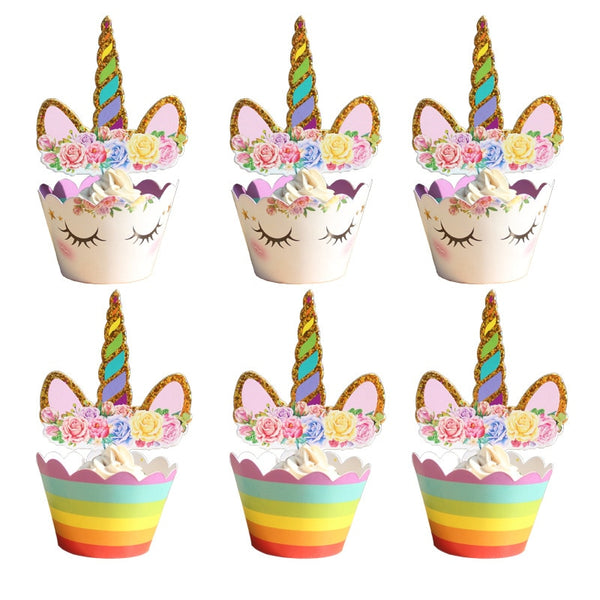 24Pcs Unicorn Rainbow Cake Toppers , Wrappers